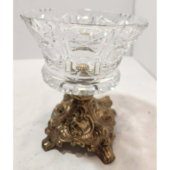 Vtg Cut Crystal Glass Compote w Brass Footed Base Elegant Hollywood Regency - Picture 8 of 16